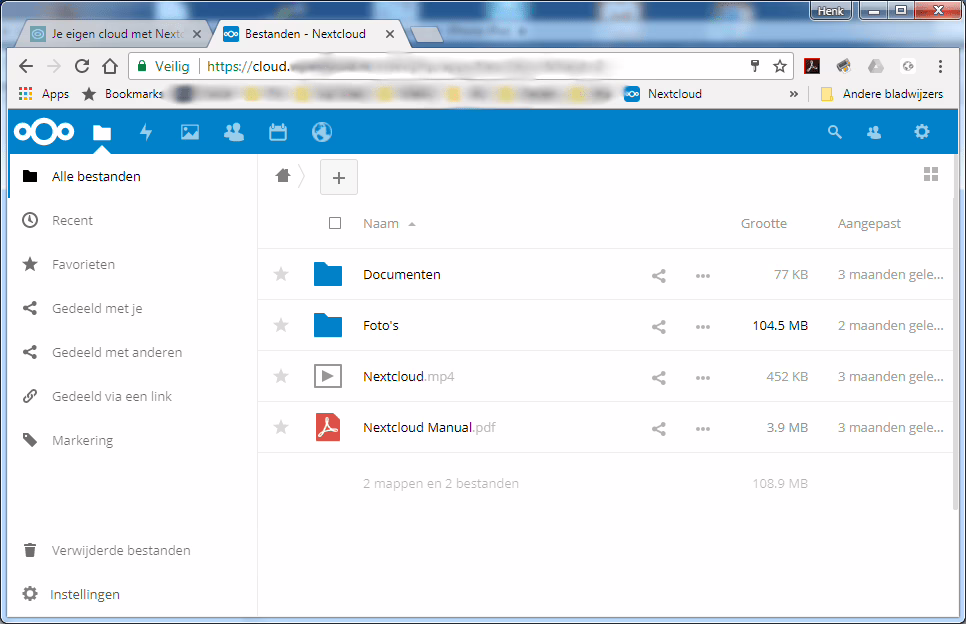 Voorbeeld van een Nextcloud installatie in een browser.